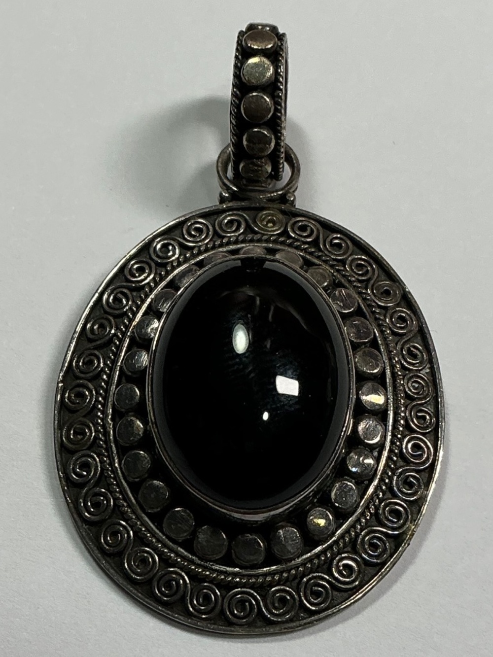 ATI Sterling Silver Oval Shaped Black Onyx Pendant for Necklace. 2 & 1/8” long